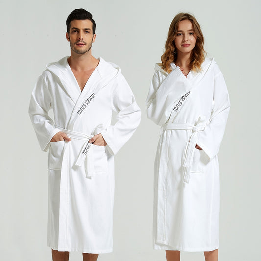 Long Hooded Cotton Waffle Bathrobe for Men and Women